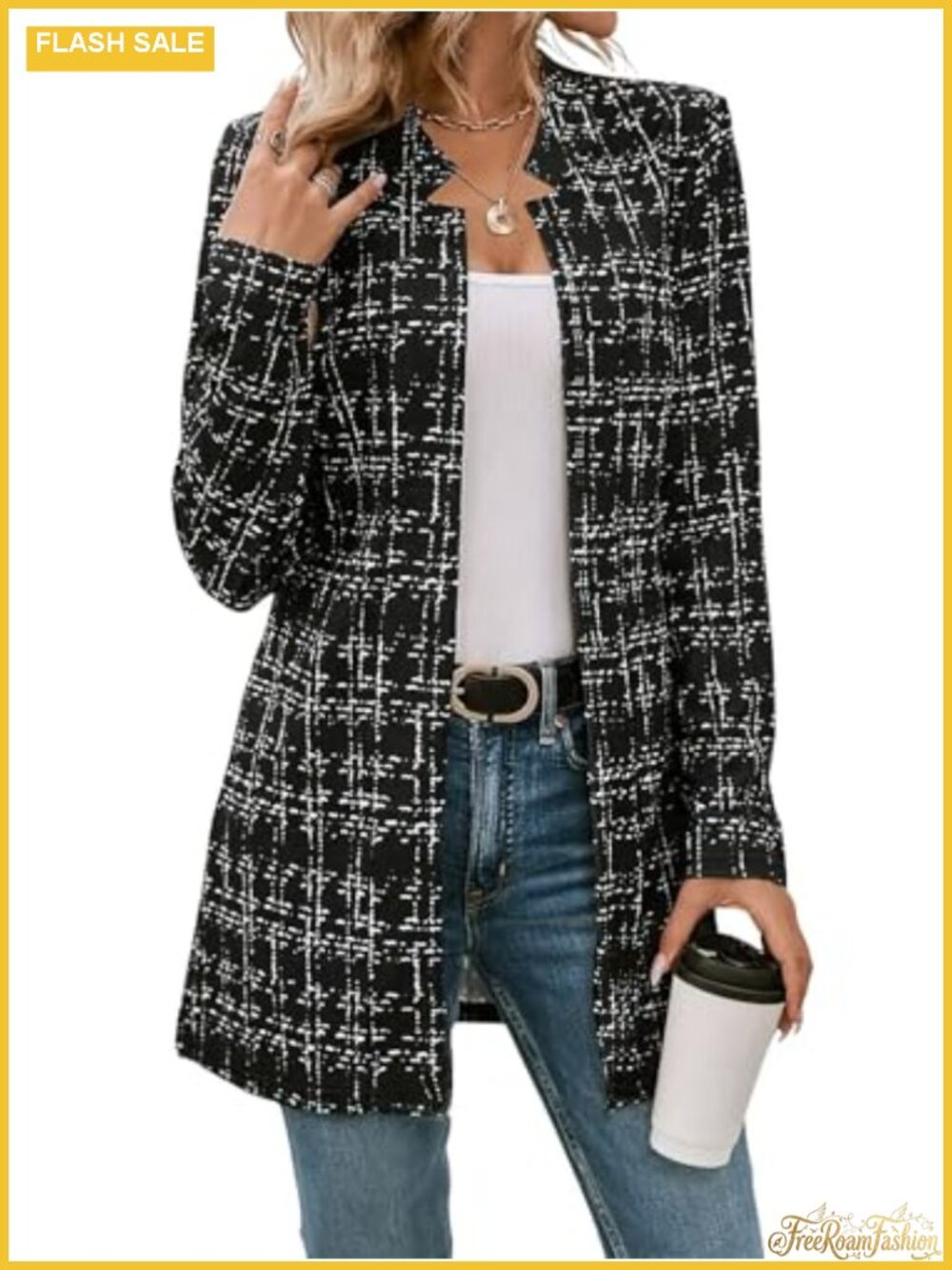 Women's Plaid Tweed Blazer Notch Lapel Open Front Long Sleeve Tailored Jacket